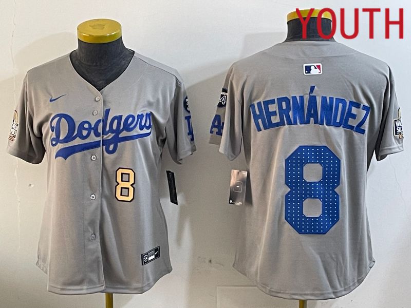Youth Los Angeles Dodgers #8 Hernandez Grey Game 2024 Nike MLB Jersey style 12052->youth mlb jersey->Youth Jersey